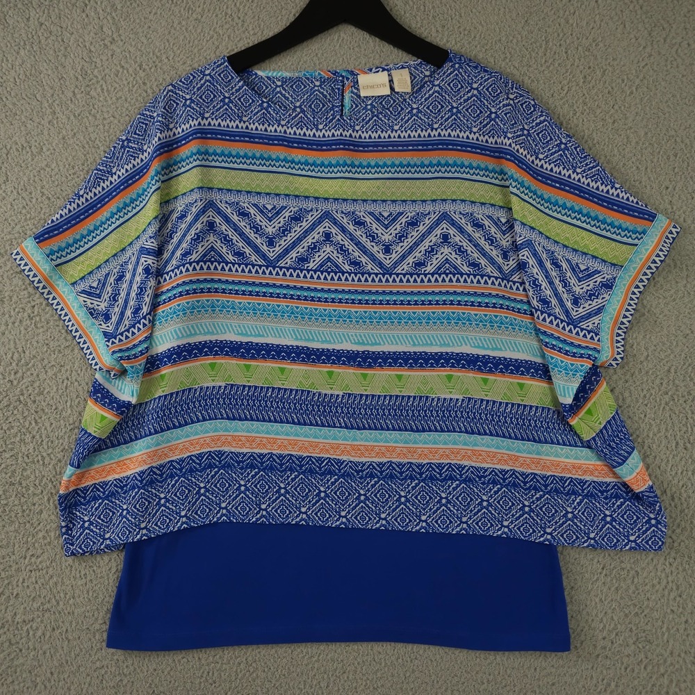 Chicos Shirt Womens 1 US M Blue Geo Tribal Layered Textured Borders 2 in 1 Top